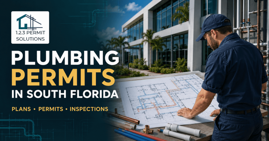 Licensed plumber reviewing plumbing permit plans for a South Florida commercial property