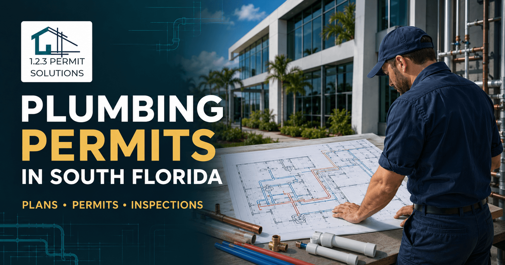 Licensed plumber reviewing plumbing permit plans for a South Florida commercial property